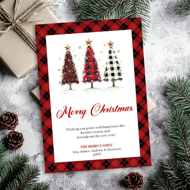 Carte de vœux festive de Noël avec carreau de Buff (Fun Buffalo Plaid Christmas Tree Holiday Greeting)