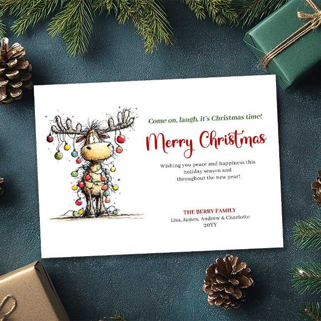 Carte de vœux festive et drôle de renne (Playful Funny Reindeer Holiday Greeting Card)