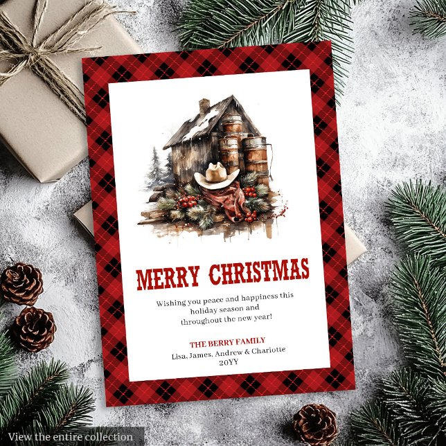 Carte de vœux festive plaid western buffle cosy (Cozy Western Buffalo Plaid Holiday Greeting)
