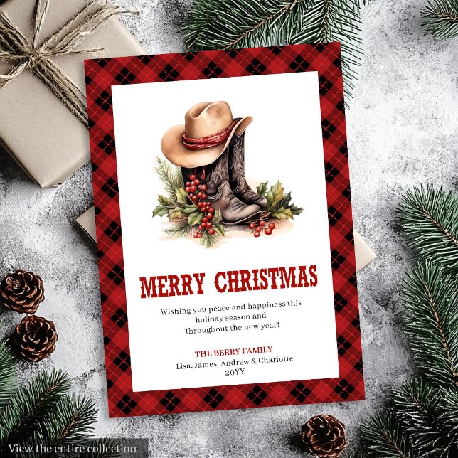 Carte de vœux festive Tartan Rouge Occidental Rust (Rustic Western Red Tartan Holiday Greeting Card)