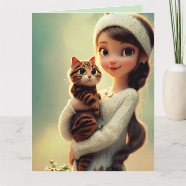 CARTE DE VOEUX FILLE CHAT PENSÉE CHRÉTIENNE (Devant)