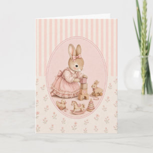 Carte de vœux fille lapin vintage pastel