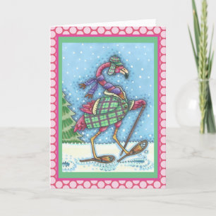CARTE DE VŒUX FLAMANT ROSE RAQUETTES À NEIGE D'HIV