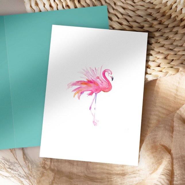 Carte de voeux Flamant rose rose Aquarelle (folded notecard watercolor pink flamingo on white background blank inside art Victoria Grigaliuanas)