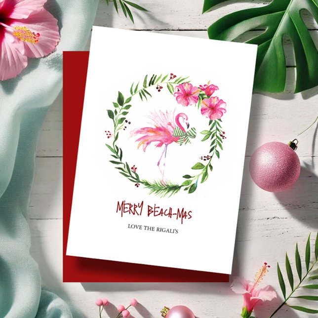 Carte de vœux Flamant Rose Tropical pour Noël (Beach Christmas cards watercolor pink flamingo and hibiscus flowers wreath by Victoria Grigaliunas)