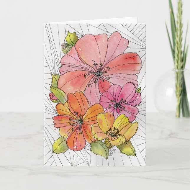 Carte de vœux - Fleurs roses, pêche et orange (Devant)