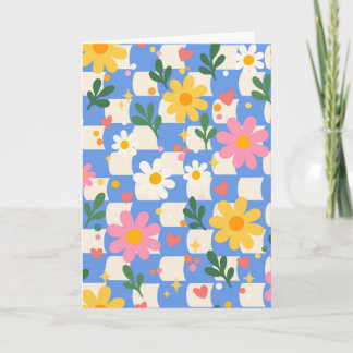 Carte de vœux florale à carreaux bleus Daisy Check