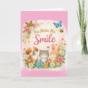 Carte de vœux florale avec des animaux mignons qui
