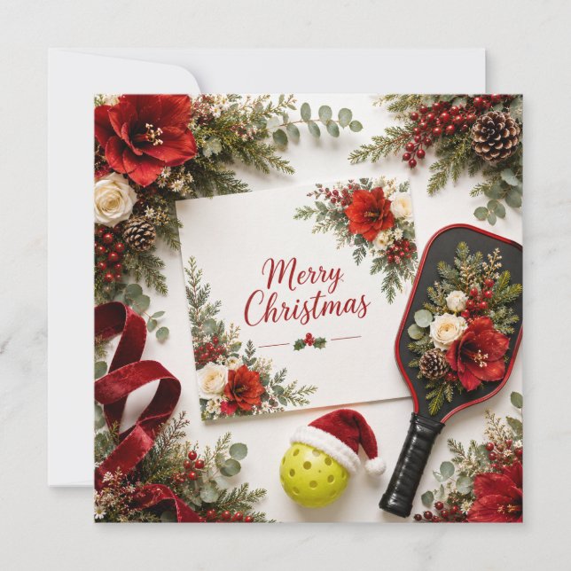 Carte de vœux florale de Noël Pickleball |  (Devant)