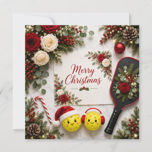 Carte de vœux florale de Noël Pickleball |  (Devant)