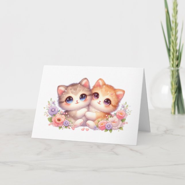 Carte de vœux florale pastel Compagnons de chaton  (Devant)