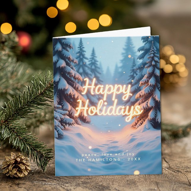 Carte de vœux forêt bleue merveilleuse d'hiver (Happy Holidays Personalized Greeting Card)