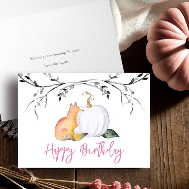 Carte de voeux Fox et Citrouille pour Anniversaire (Greeting card for birthday features a watercolor fox and pumpkin)
