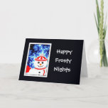 Carte de voeux FROSTY'S NIGHT Snowman Design<br><div class="desc">Salutations de vacances lumineuses et amusantes !  Whimsical,  amusant,  souriant homme de neige contre un ciel glacé d'hiver nuit.  

 Jolie carte de voeux pour bonhomme de neige pour envoyer des voeux de vacances!



  Contactez-moi à rjjamiesoncustom@gmail.com pour obtenir de l'aide.</div>