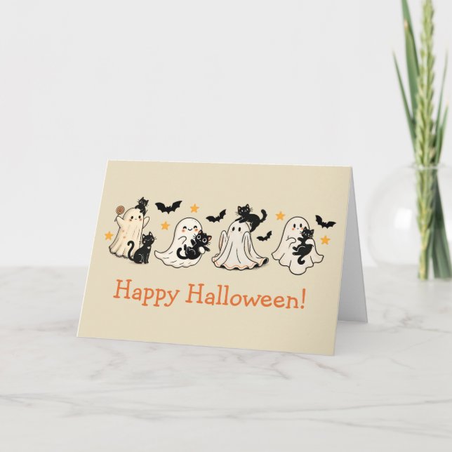 Carte de voeux Ghost & Chat Halloween (Devant)