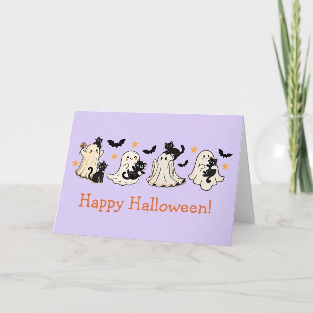 Carte de voeux Ghost & Chat Halloween (Devant)