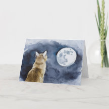 Carte de voeux Ginger Cat et Pleine lune
