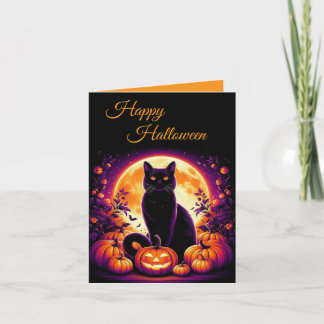Carte de vœux Halloween Chat Noir avec Pleine Lune