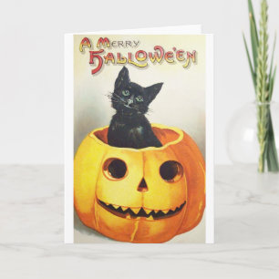 Carte de voeux Halloween Chat Noir vintage