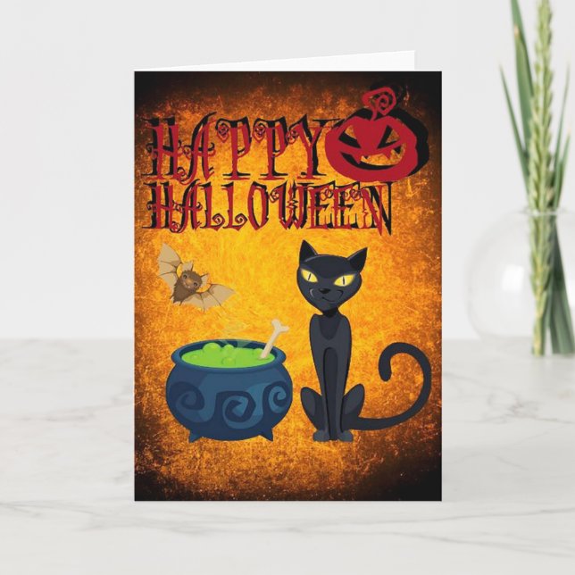 Carte de voeux Halloween/Citrouille, Chat noir, Ch (Devant)