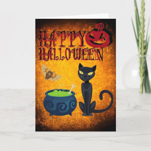 Carte de voeux Halloween/Citrouille, Chat noir, Ch