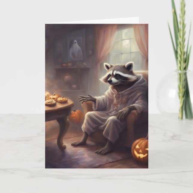Carte de vœux Halloween de fun avec un raton laveu (Devant)