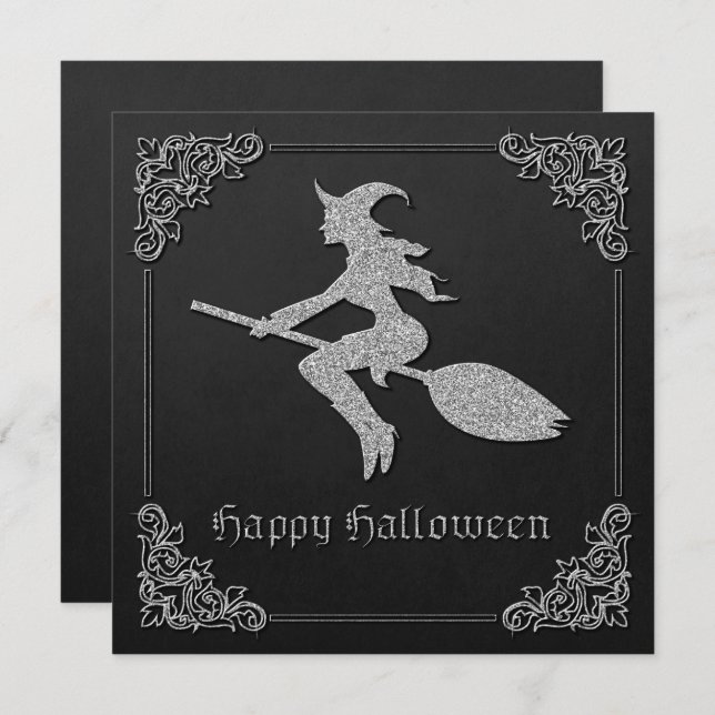 Carte de voeux Halloween en argent sorcière (Devant / Derrière)