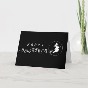 Carte de voeux Halloween en sorcière volante, noir