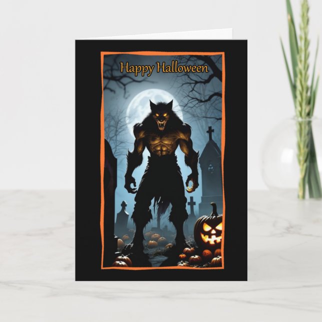 Carte de vœux Halloween Loup-garou dans le cimetiè (Devant)