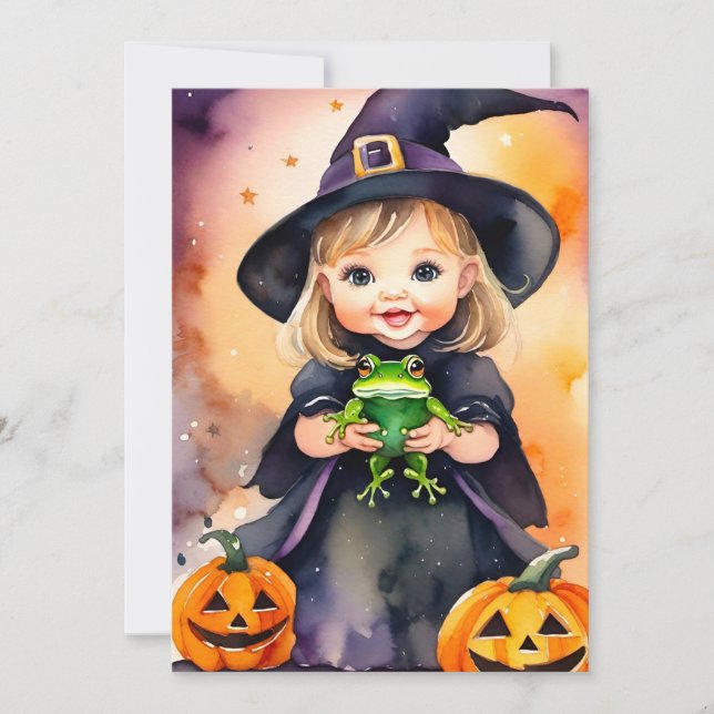 Carte de vœux Halloween Petite Sorcière Mignonne (Devant)