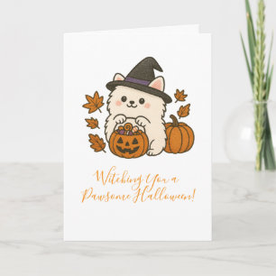 Carte de voeux Halloween - Pomeranian avec chapeau