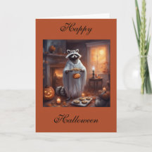 Carte de vœux Halloween Raton laveur fantôme flott