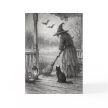 Carte de vœux Halloween Sorcière, Chat et Chauves-