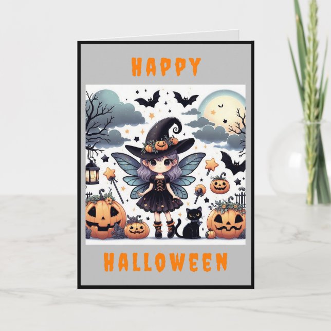 Carte de vœux Halloween Sorcière & Mignonne (1) (Devant)