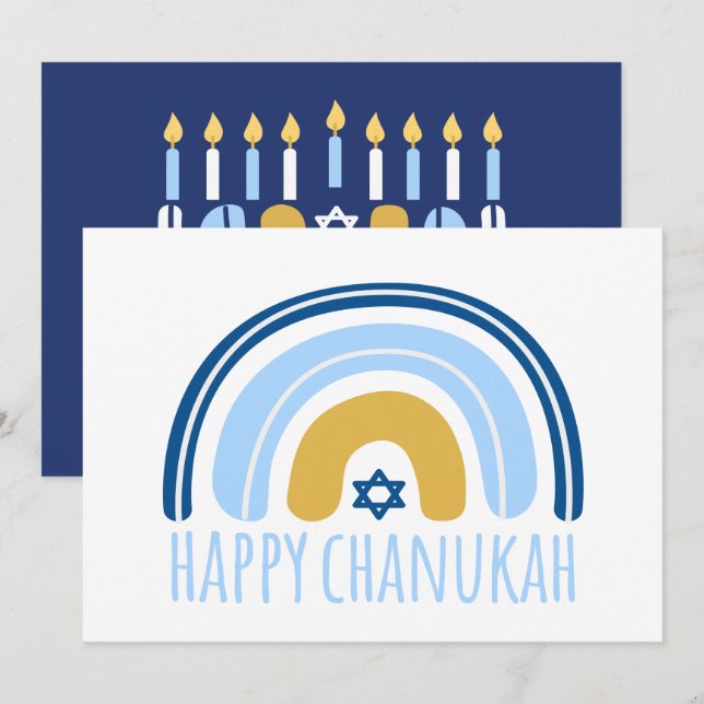 Carte de voeux HANOUKKA Rainbow Menorah Dreidel (Devant / Derrière)