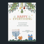 Carte de voeux Happy Everything Holiday<br><div class="desc">Une carte de vacances pour tous avec des ornements de Noël gangliés des branches de pin, une menorah, des dreidels et un cadeau. (Vector créé par freepik - www.freepik.com). La carte est facile à customiser avec votre libellé, police, couleur de police, forme de papier et choix du type de papier....</div>