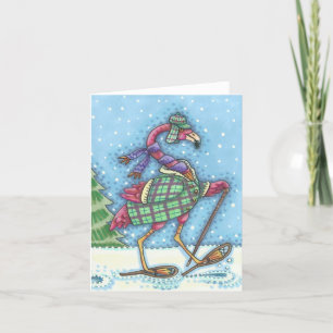 CARTE DE VŒUX HIVER CHAUSSURES À NEIGE FLAMANT ROS