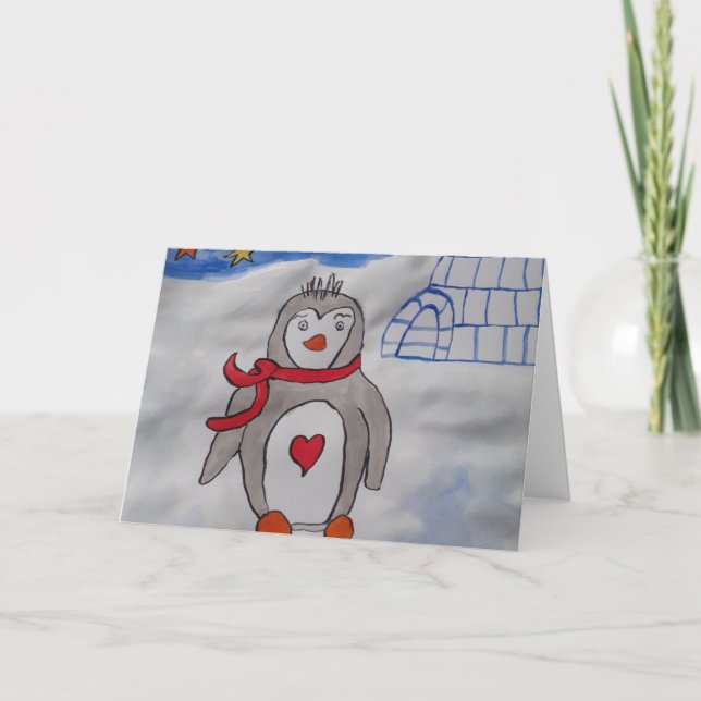 Carte de voeux hiver Pingouin neige (Devant)