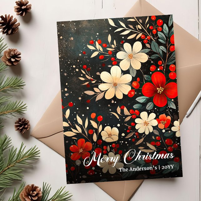 Carte de vœux imprimable pour les fêtes de Noël ré (Retro Christmas Flowers Holiday Printable Greeting)