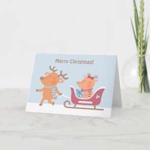 Carte de vœux jolie de Noël avec rennes et traînea
