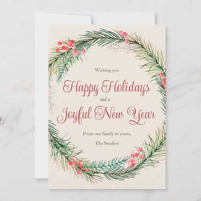 Carte de vœux Joyeuses Fêtes à couronne de verdure (Devant)