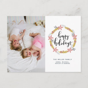 Carte de vœux Joyeuses Fêtes à couronne rose   Car