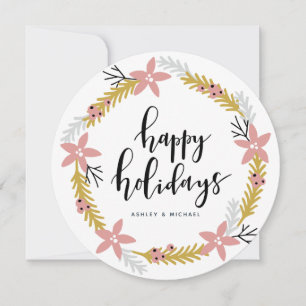 Carte de vœux Joyeuses Fêtes à couronne rose Car