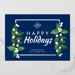 Carte de vœux Joyeuses Fêtes en bleu avec feuille