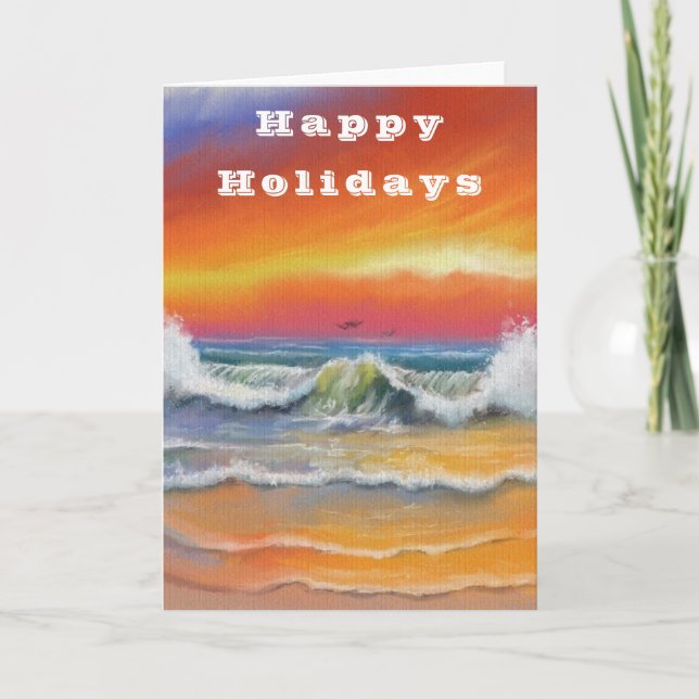 Carte de Vœux Joyeux Noël Vagues Mer Coucher de so (Devant)