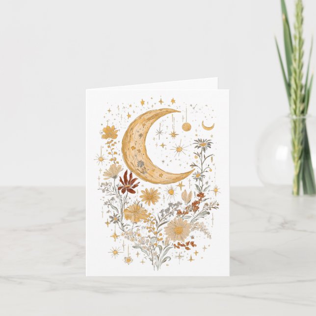 Carte de vœux Lune céleste et Fleur sauvage – Boho (Devant)
