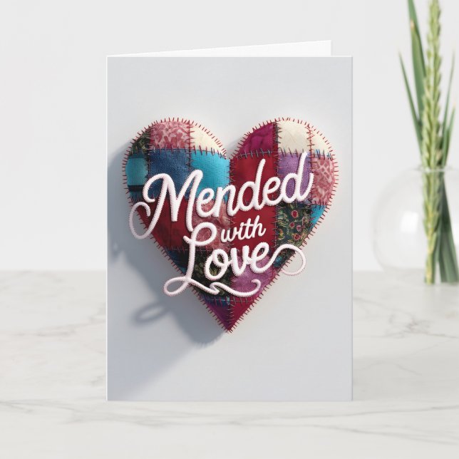 Carte de vœux Mended with Love – Cœur en patchwork (Devant)