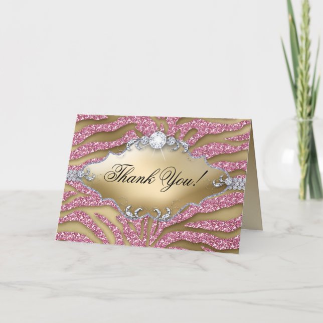 Carte de voeux Merci Zebra Sparkle Pink Gold (Devant)