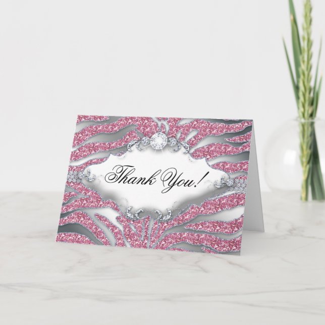 Carte de voeux Merci Zebra Sparkle Pink Silver (Devant)