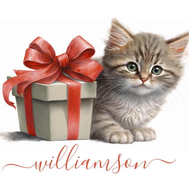 Carte de vœux mignonne au ruban rouge avec chaton  (Note Card with a sweet kitten)